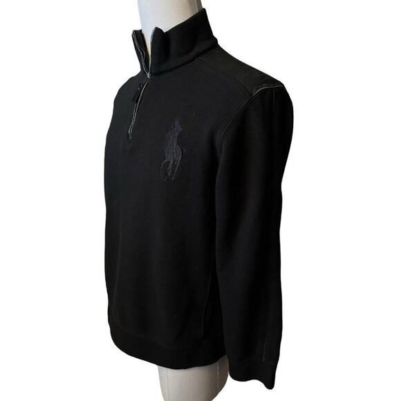 Ralph Lauren Quarter Zip Leather Shoulders Black Size Large Exaggerated Pony - Picture 3 of 8
